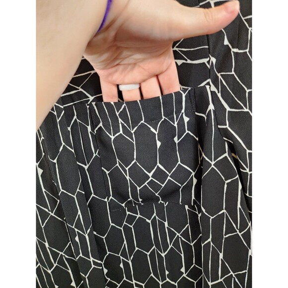 Apt 9 Womens M Black White Geometric Long Sleeve Button Up Belted Dress - Picture 2 of 10